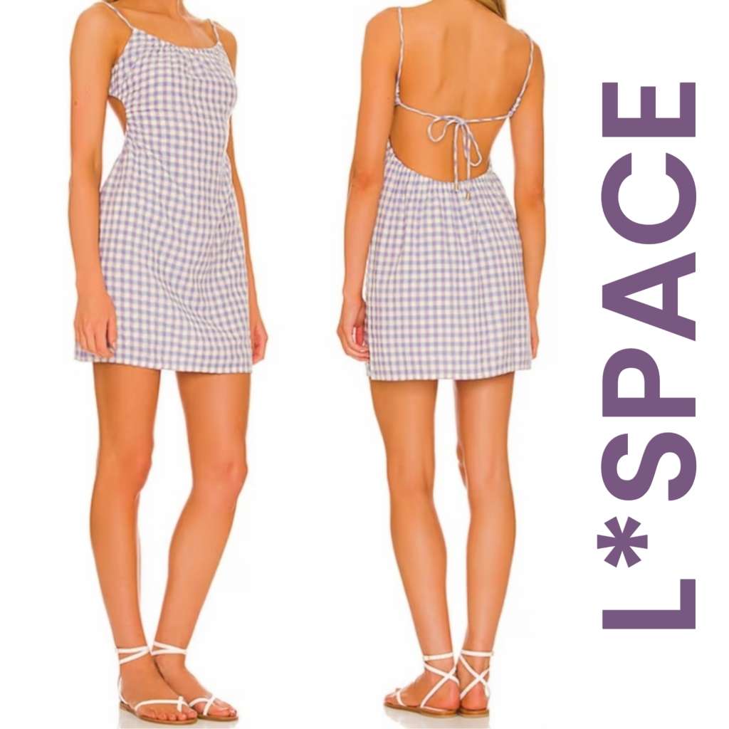 L*Space Anika Gingham Mini Dress Cut Out Tied Back Spaghetti Strap Sz M $121